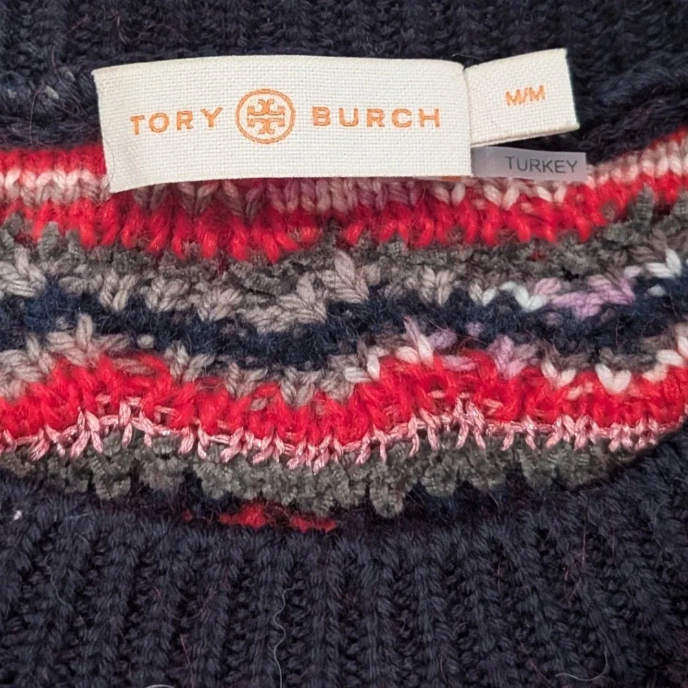 $298 TORY BURCH Lurex Stripe Knit Wool Blend Red Sweater Crew Neck Womens MEDIUM